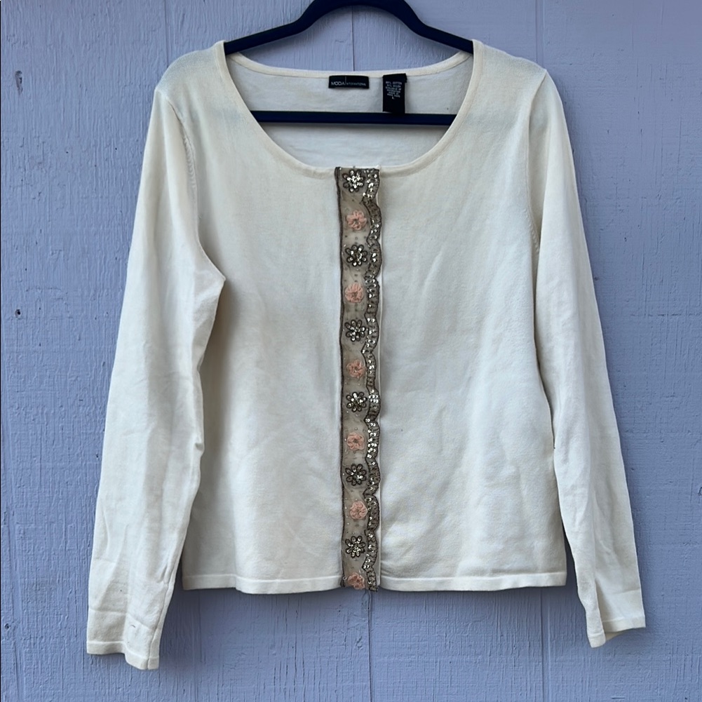 Moda International Cream Long Sleeve Embellished Cardigan